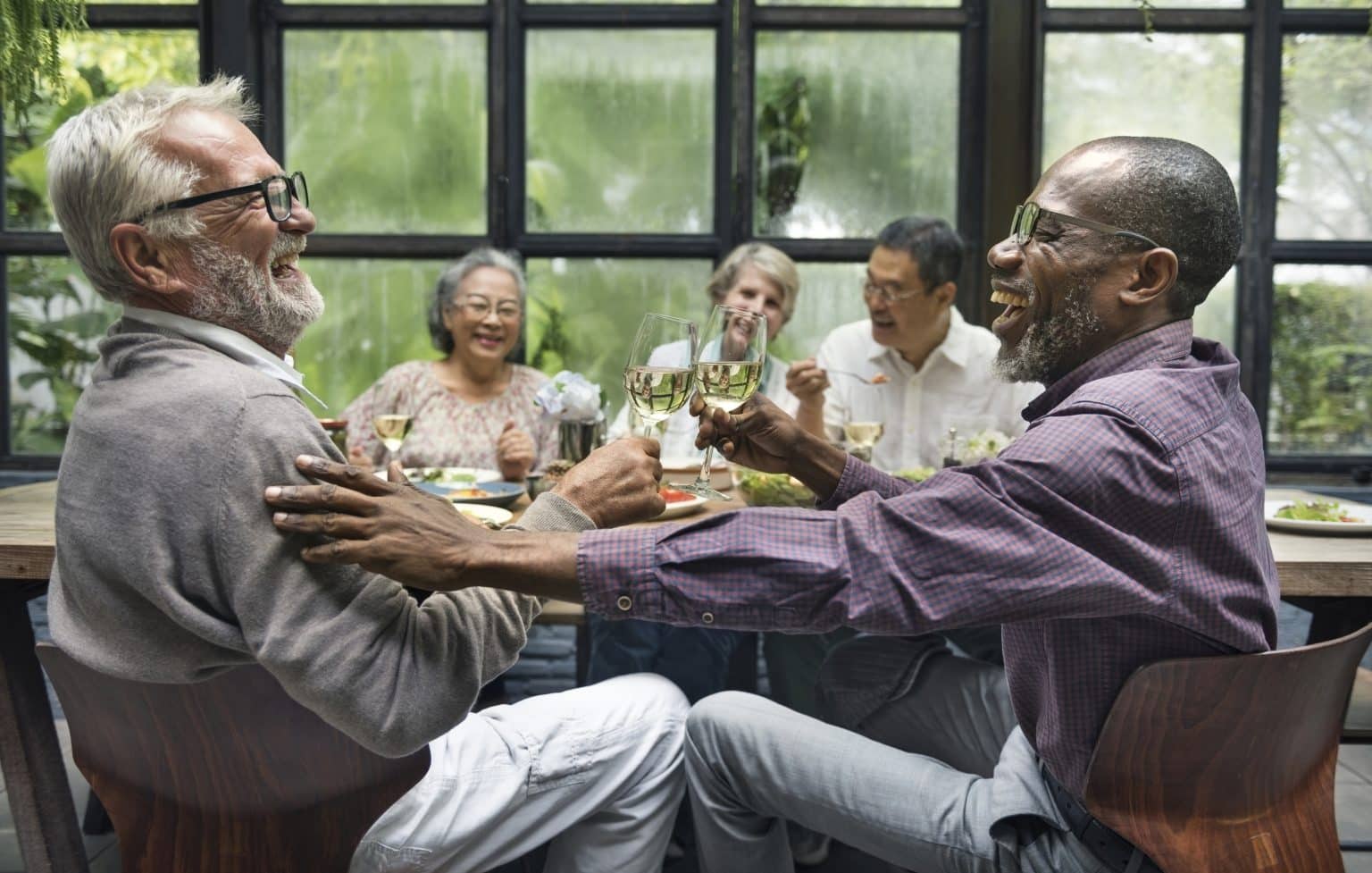 Older friends enjoying a dinner party.