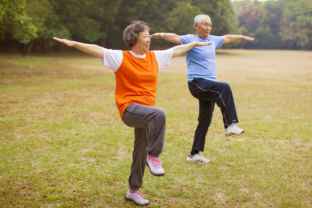 Senior couple balancing on one foot each in the park